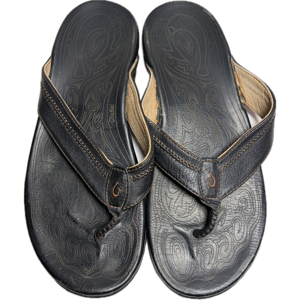 OluKai Hiapo Leather Flip Flops Sandals Mens Black Brown Beach Summer Size 14